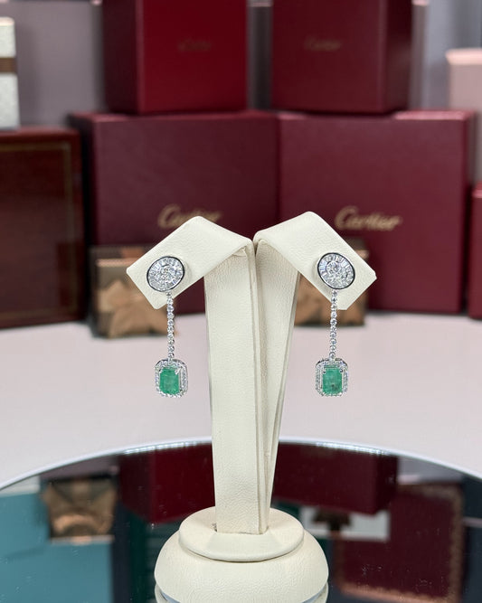 14k White Gold Emerald Drop Diamond Earrings