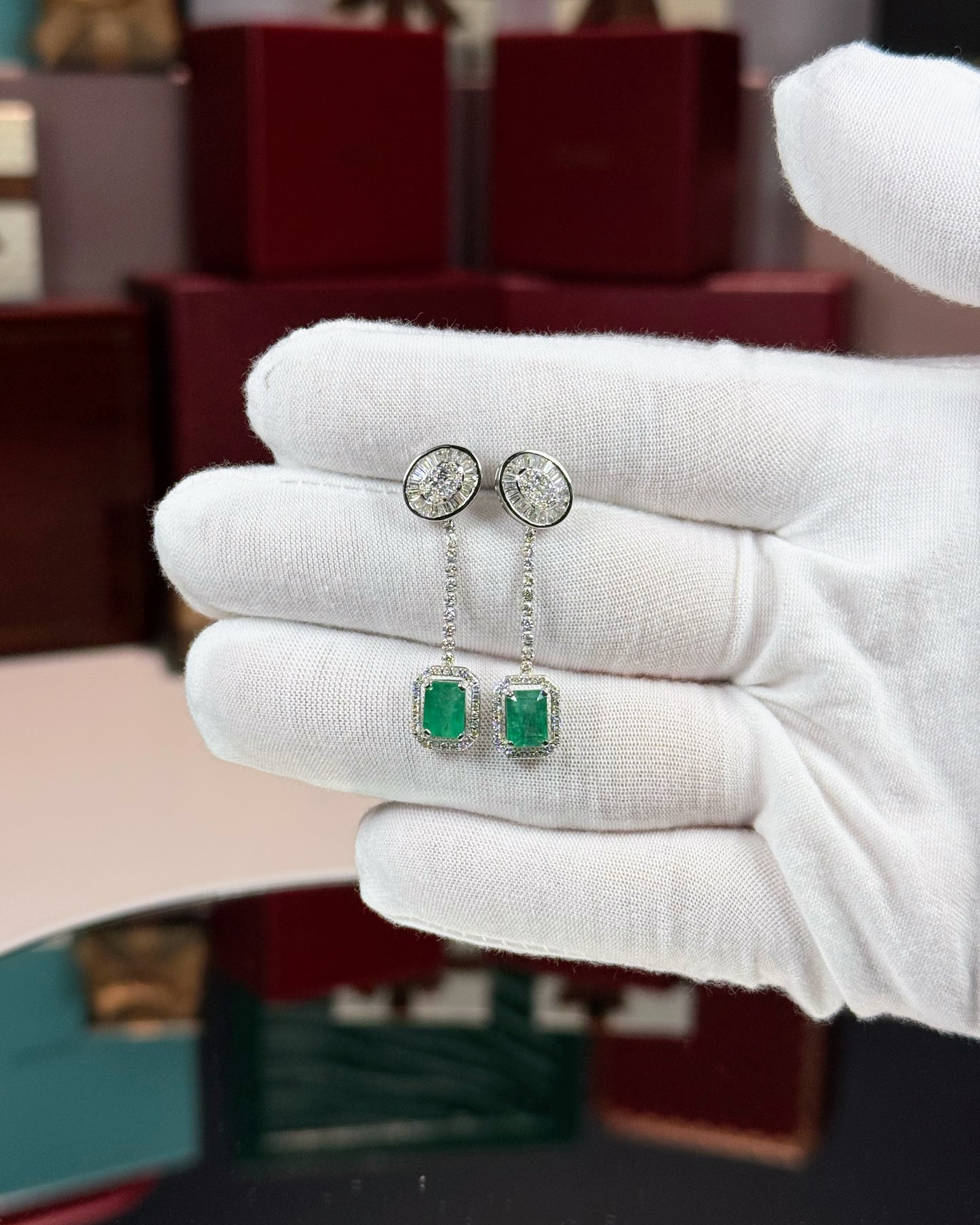 14k White Gold Emerald Drop Diamond Earrings