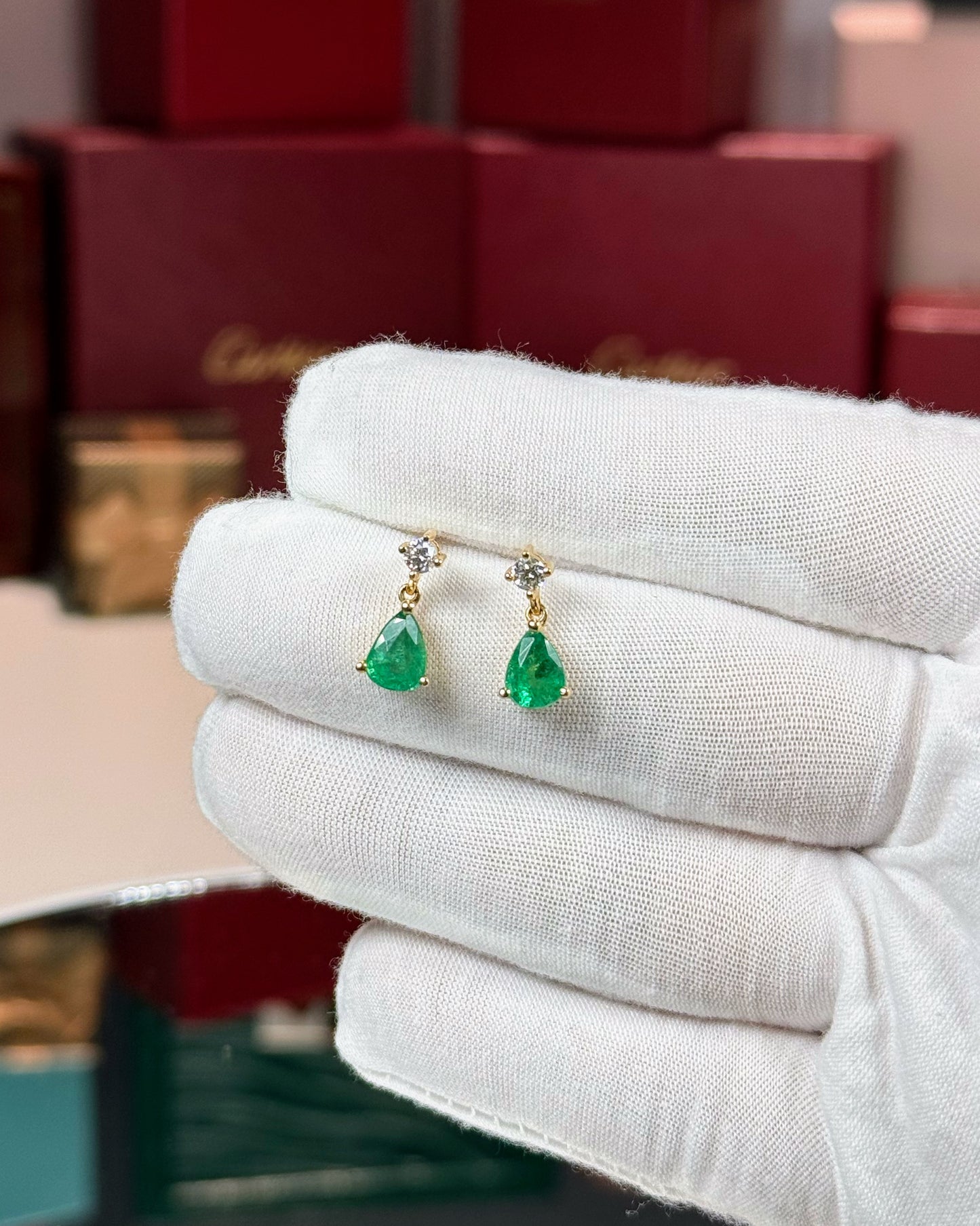 14k Yellow Gold Emerald Diamond Earrings