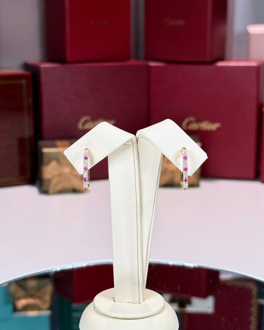 14k Yellow Gold Ruby and Diamond Huggie Earrings