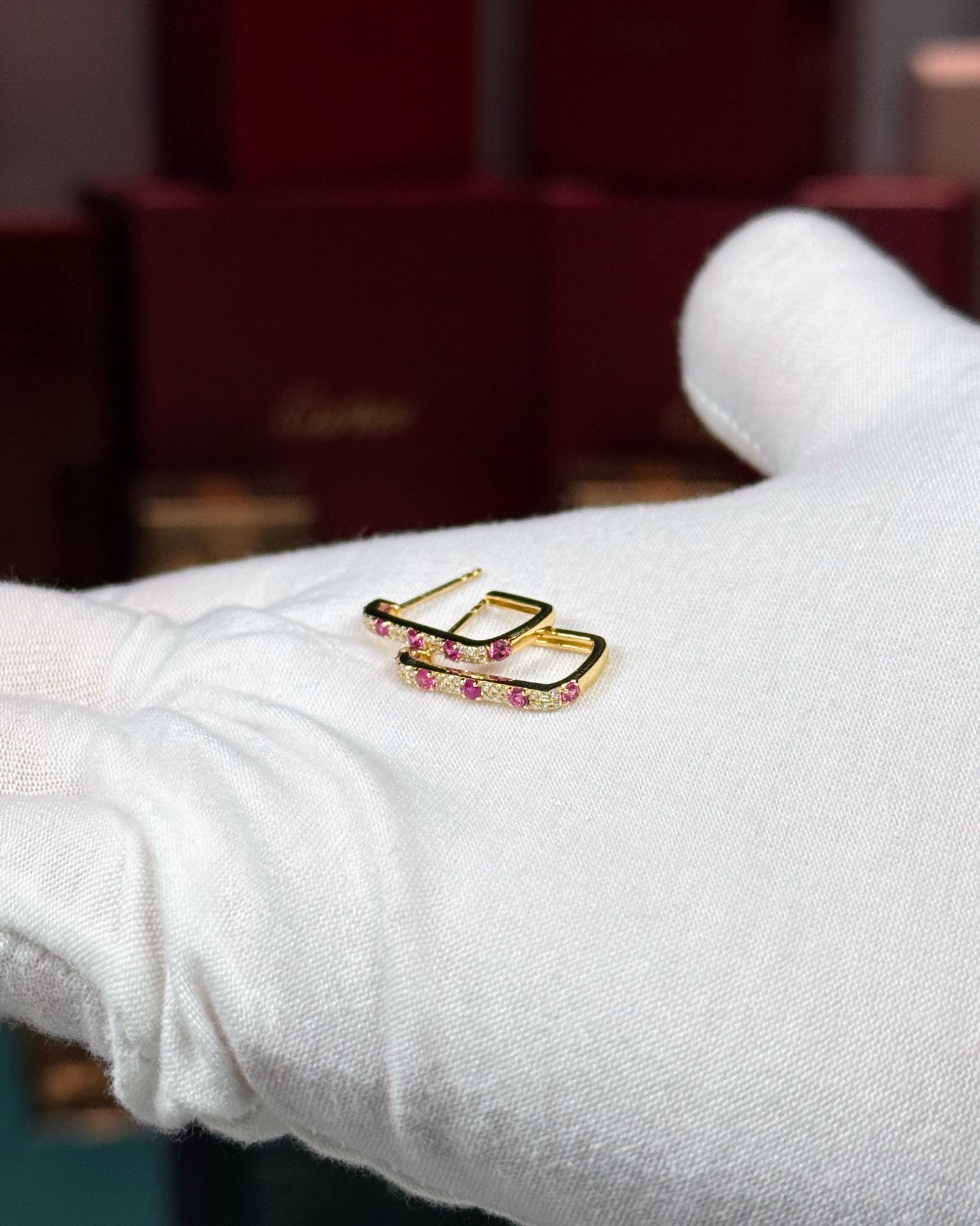 14k Yellow Gold Ruby and Diamond Huggie Earrings