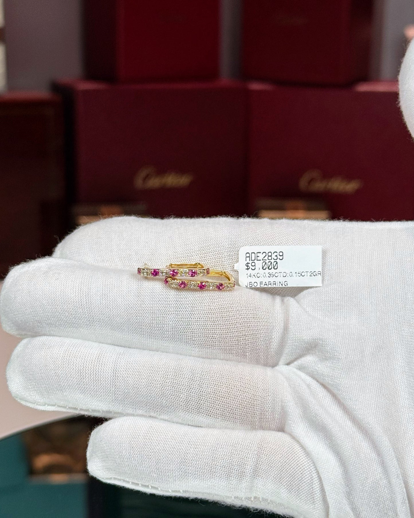 14k Yellow Gold Ruby and Diamond Huggie Earrings
