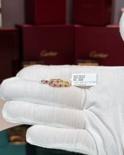 14k Yellow Gold Ruby and Diamond Huggie Earrings
