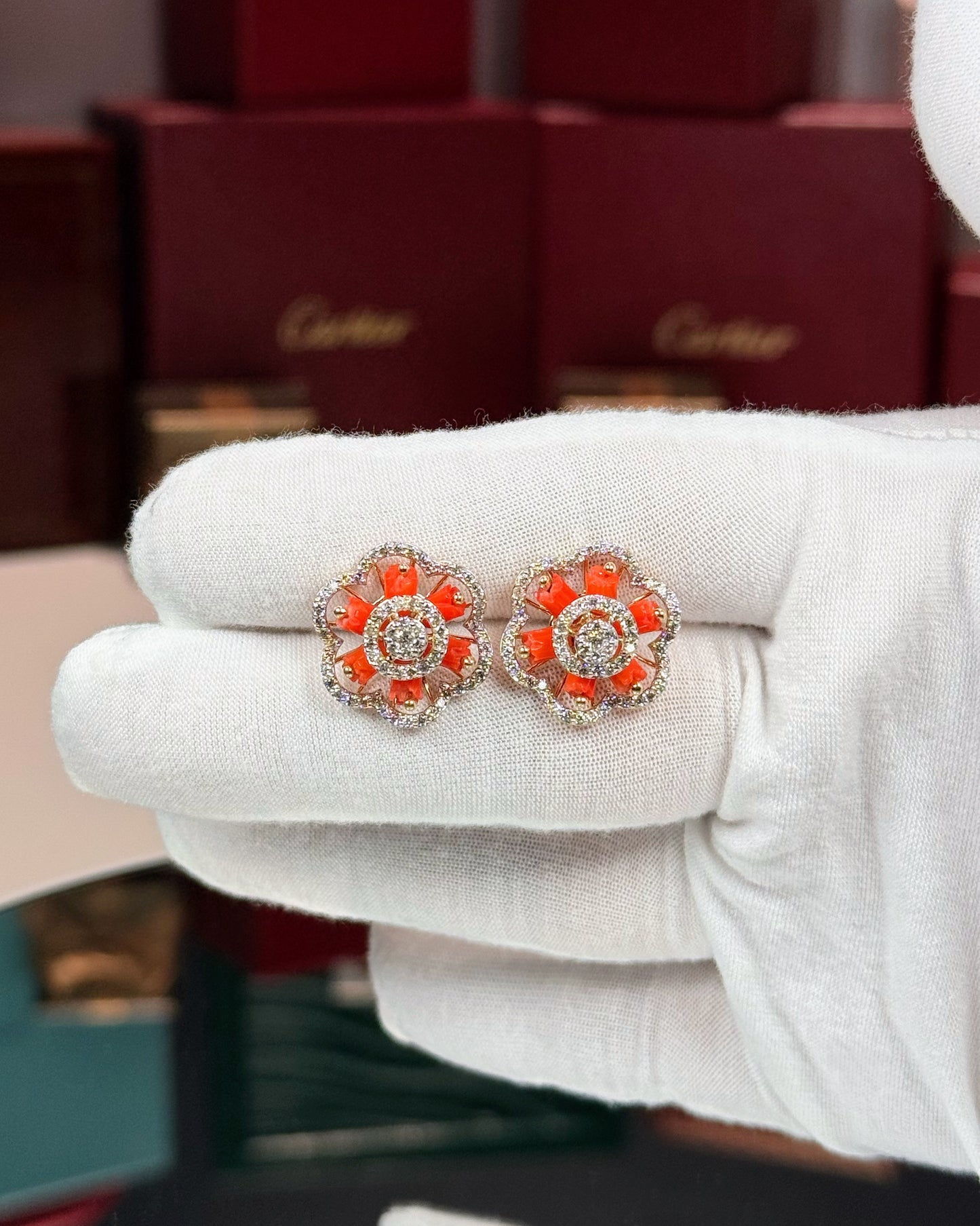 14k Yellow Gold Coral Floral Diamond Earrings