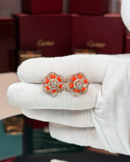 14k Yellow Gold Coral Floral Diamond Earrings