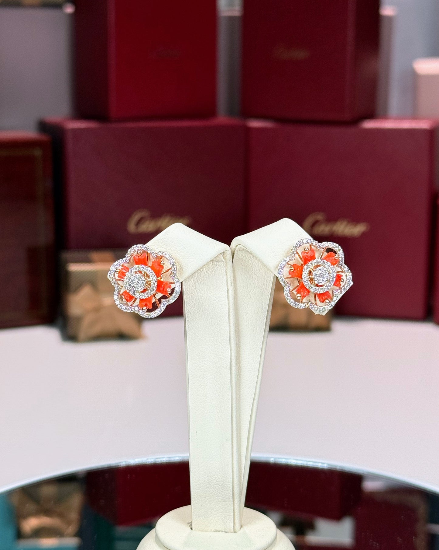 14k Yellow Gold Coral Floral Diamond Earrings