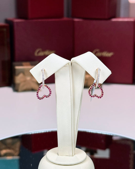 14k Rose Gold Ruby Heart Drop Diamond Earrings