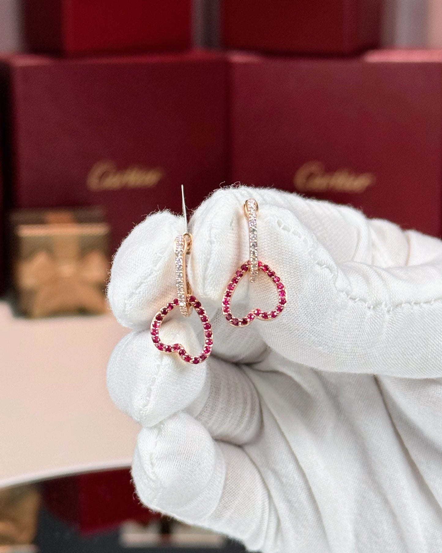 14k Rose Gold Ruby Heart Drop Diamond Earrings