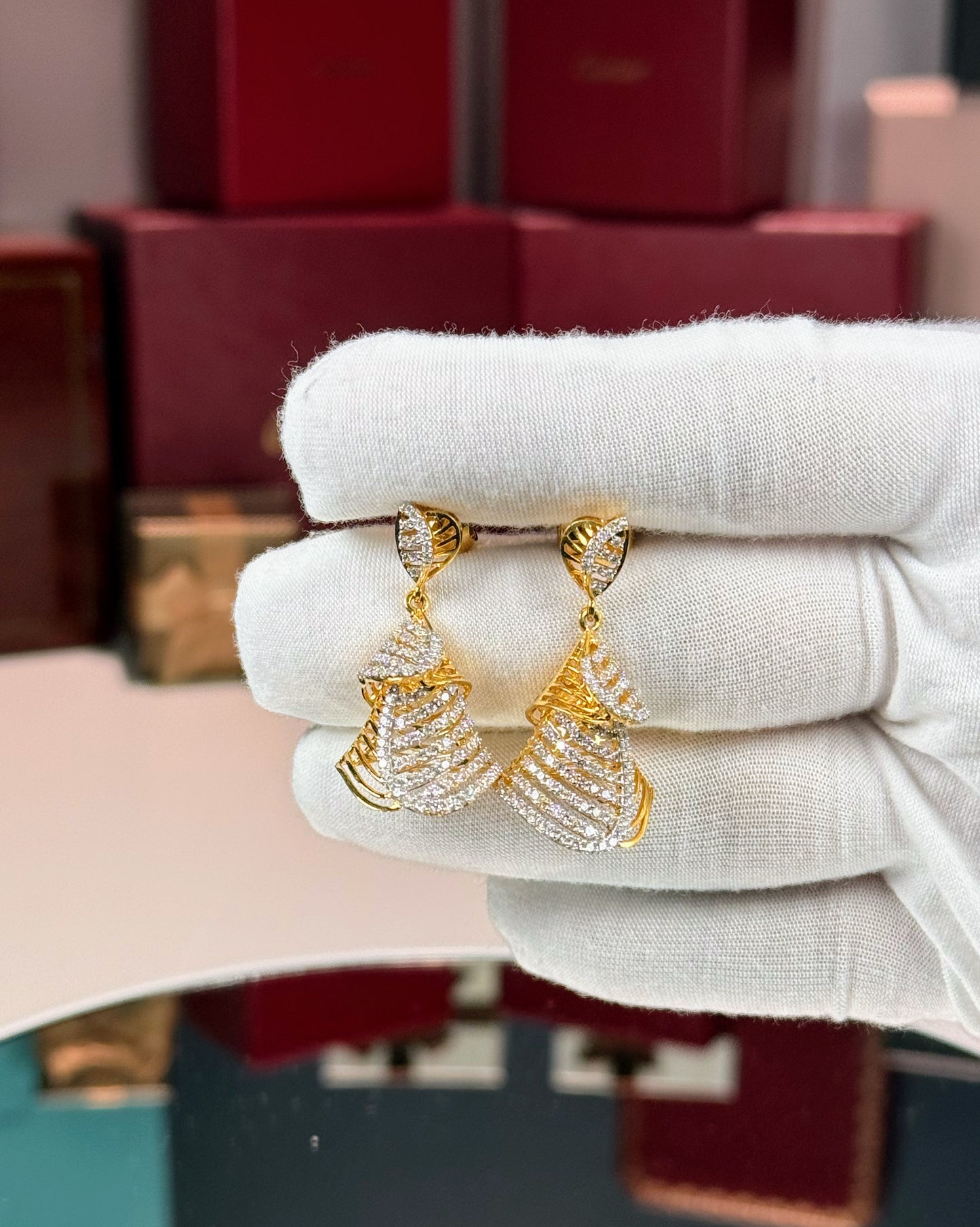 14k Yellow Gold Tiered Cones Diamond Drop Earrings