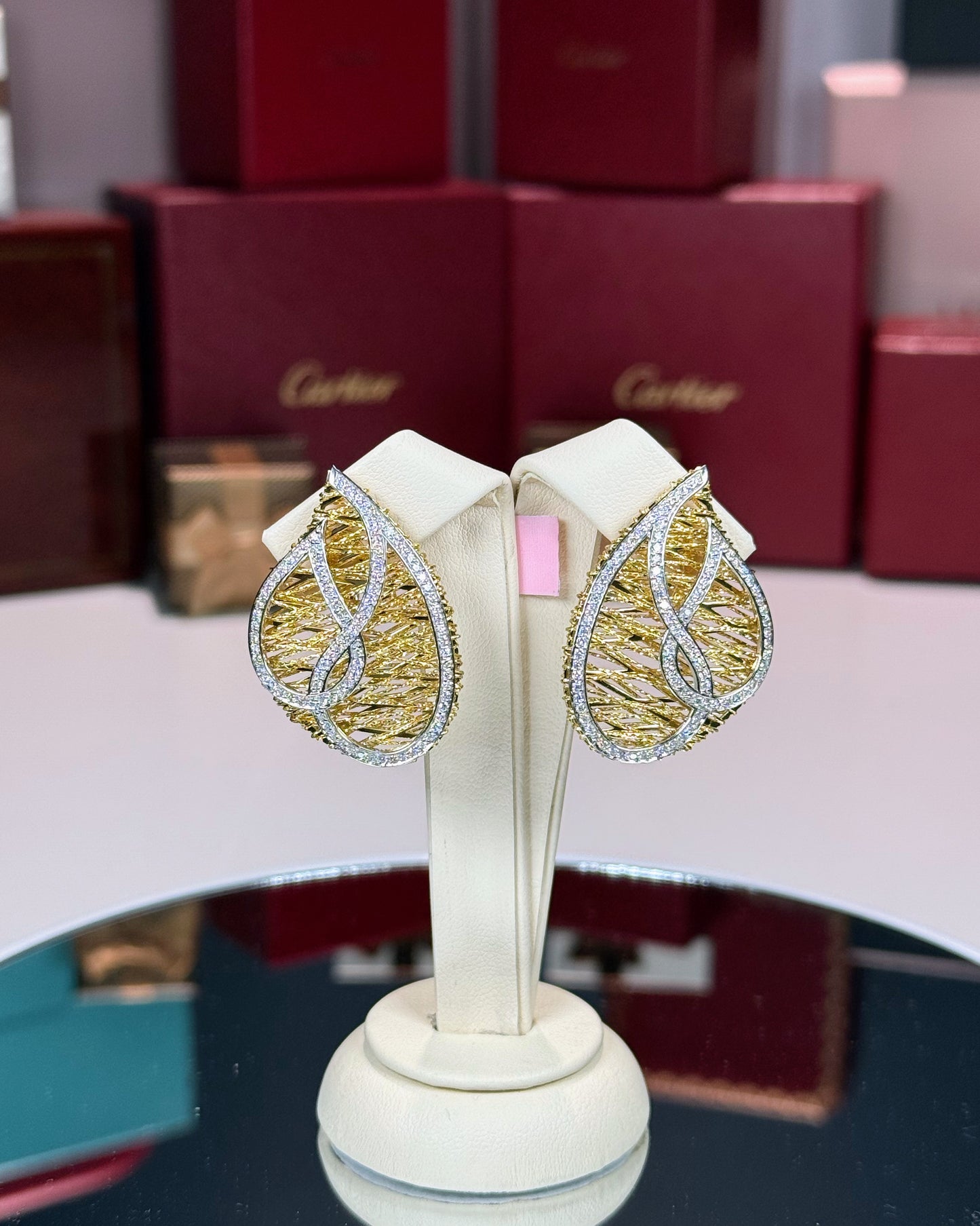14k Yellow Gold Pear Shape Wire Weave Diamond Pave Earrings