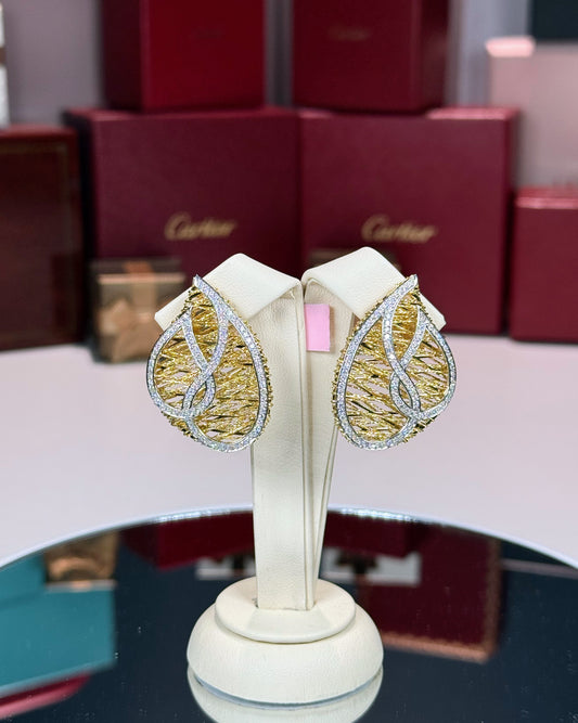 14k Yellow Gold Pear Shape Wire Weave Diamond Pave Earrings