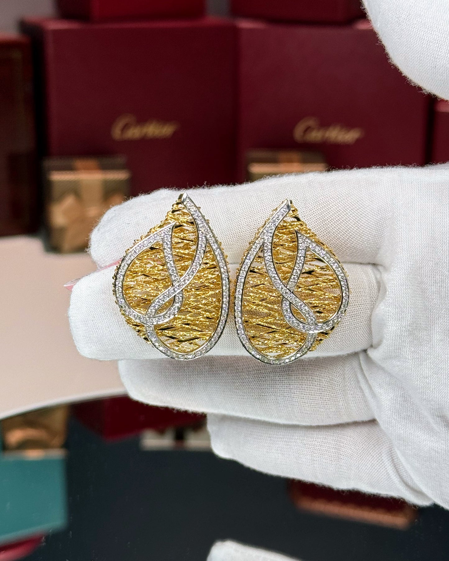 14k Yellow Gold Pear Shape Wire Weave Diamond Pave Earrings
