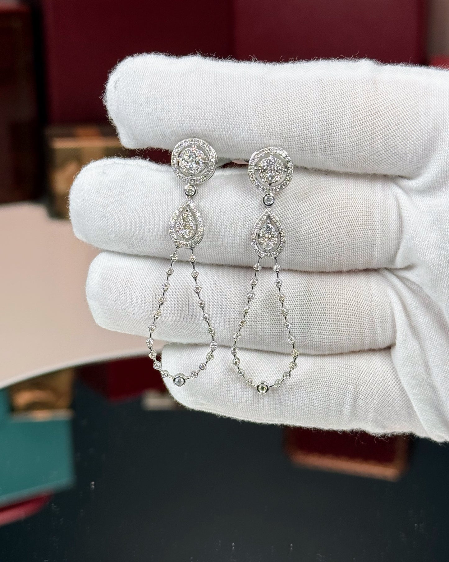 14k White Gold Open Teardrop Dangle Diamond Earrings