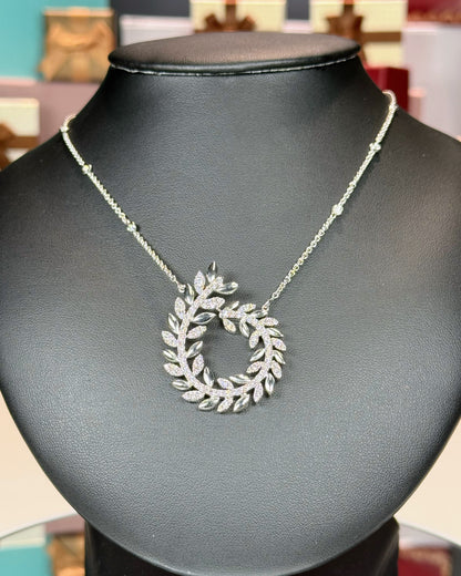 14k White Gold Laurel Wreath Design Diamond Pendant Necklace