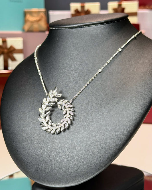 14k White Gold Laurel Wreath Design Diamond Pendant Necklace
