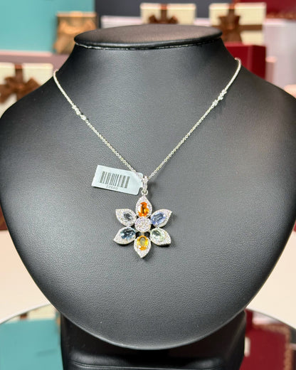 14k Whiet Gold Color Sapphire Flower Pendant Necklace