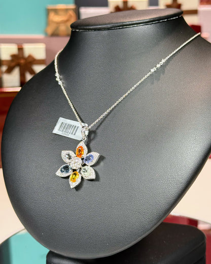 14k Whiet Gold Color Sapphire Flower Pendant Necklace