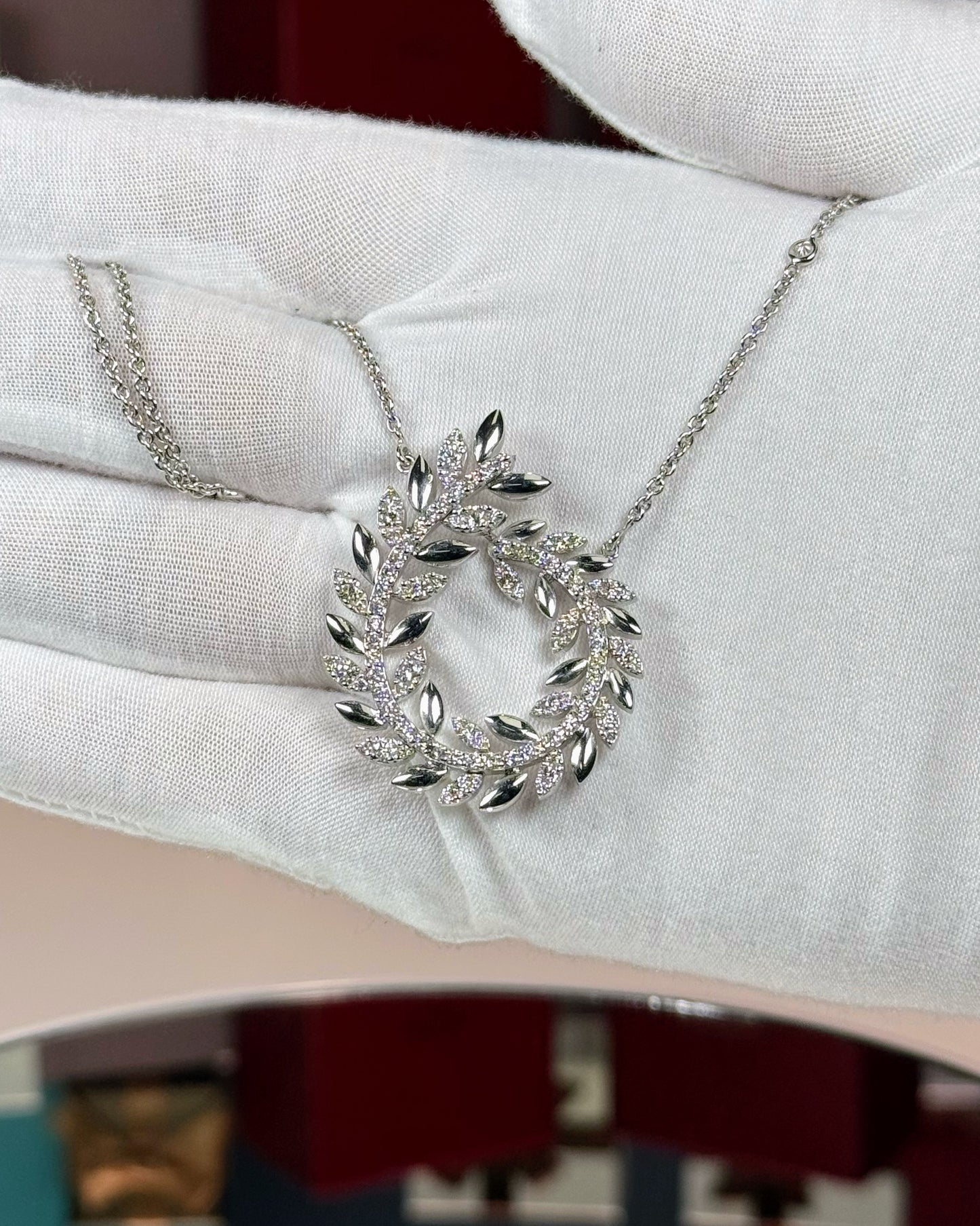 14k White Gold Laurel Wreath Design Diamond Pendant Necklace