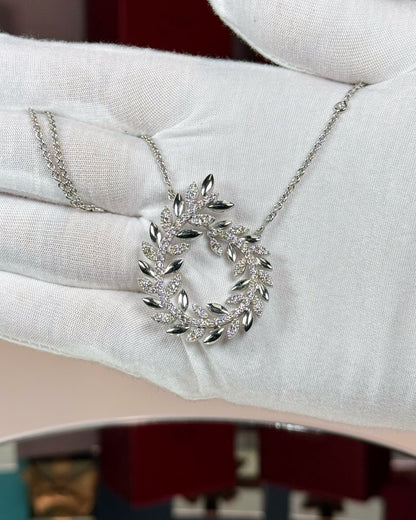 14k White Gold Laurel Wreath Design Diamond Pendant Necklace