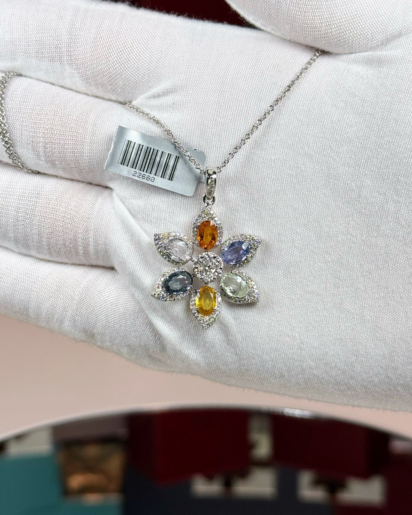 14k Whiet Gold Color Sapphire Flower Pendant Necklace