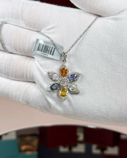 14k Whiet Gold Color Sapphire Flower Pendant Necklace