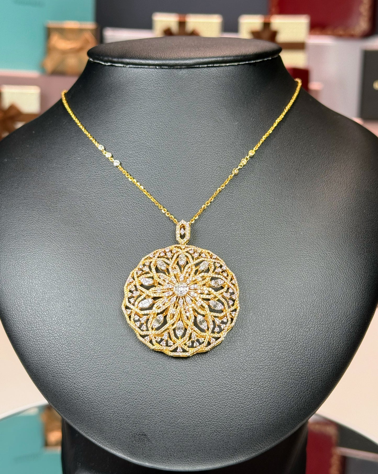 14k Yellow Gold Mandala Flower Design Diamond Pendant Necklace