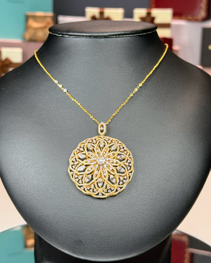 14k Yellow Gold Mandala Flower Design Diamond Pendant Necklace