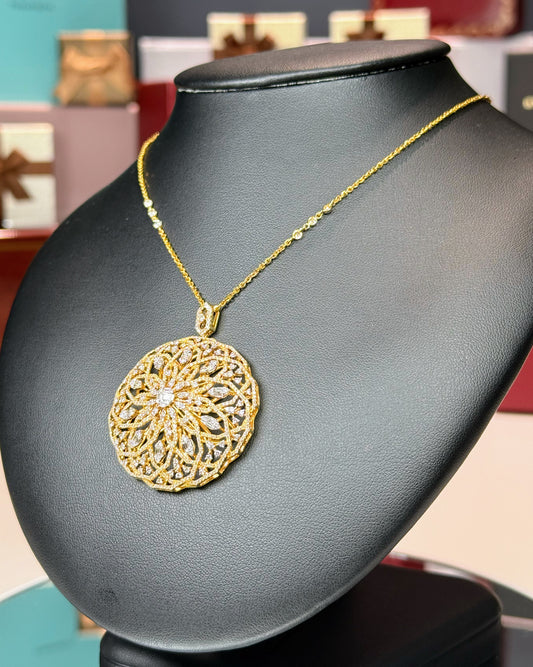 14k Yellow Gold Mandala Flower Design Diamond Pendant Necklace