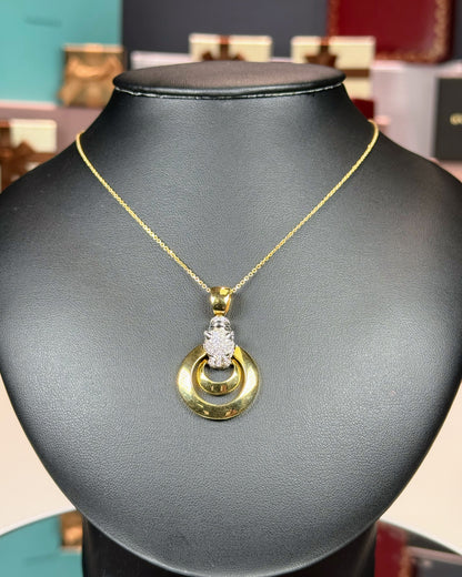 14k Yellow Gold Panther head Double Ring Pendant Necklace
