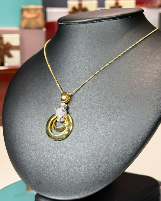 14k Yellow Gold Panther head Double Ring Pendant Necklace