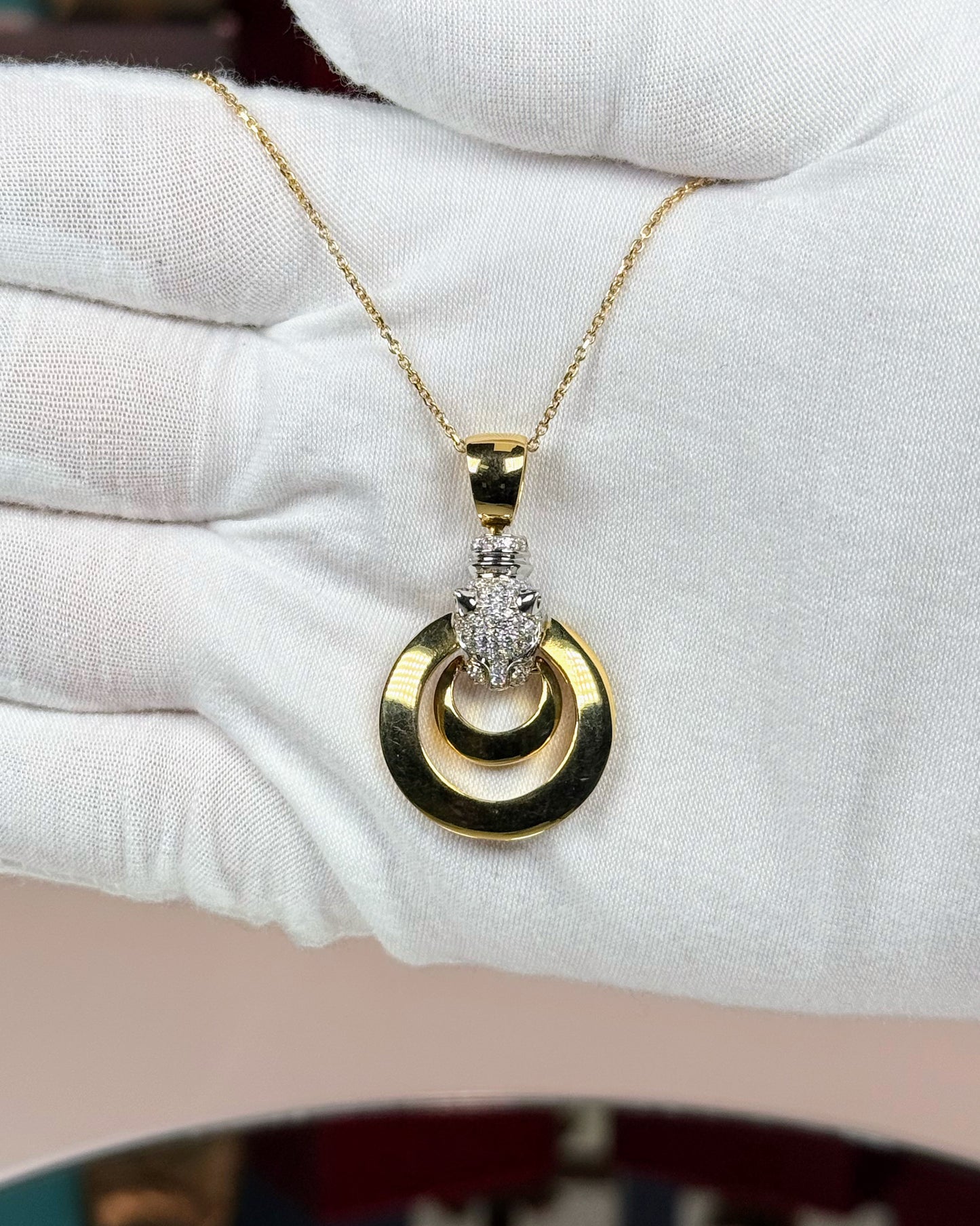 14k Yellow Gold Panther head Double Ring Pendant Necklace
