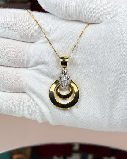 14k Yellow Gold Panther head Double Ring Pendant Necklace