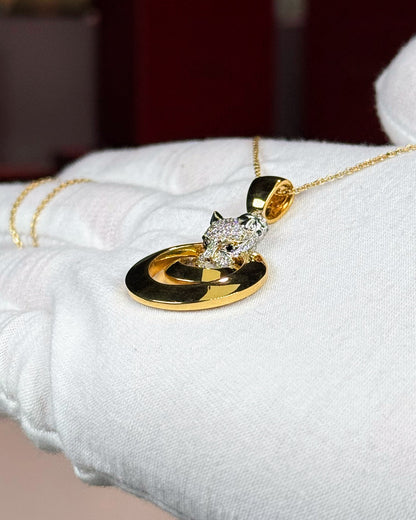 14k Yellow Gold Panther head Double Ring Pendant Necklace