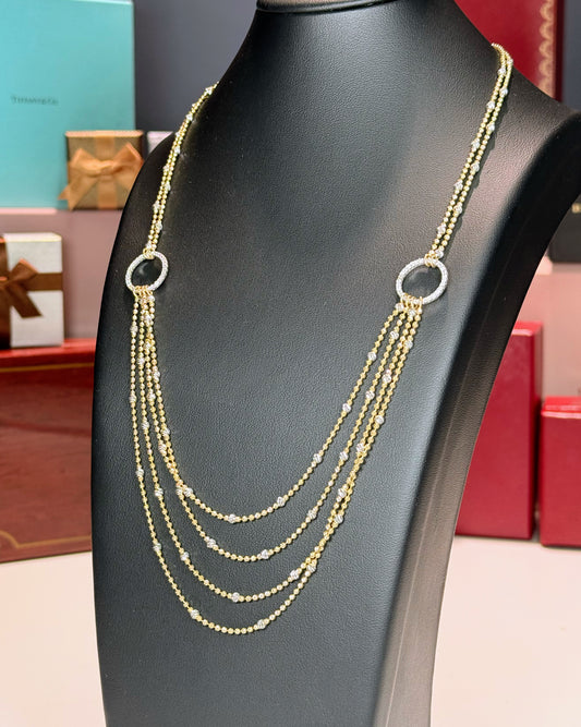 14k Yellow Gold Multi Strand Opera Diamond Necklace