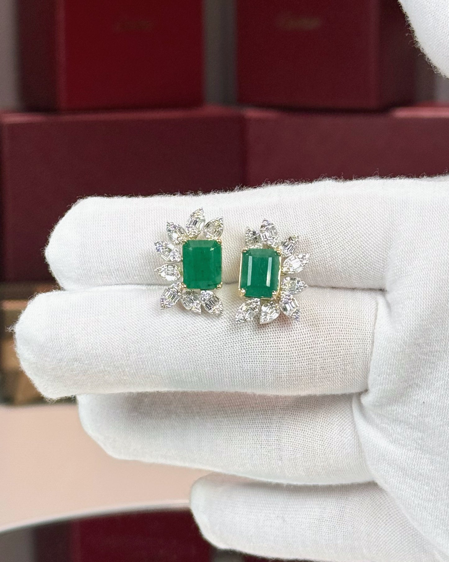 14k Yellow Gold Emerald and Diamond Earrings