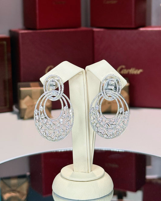 14k White Gold Concentric Oval Diamond Earrings