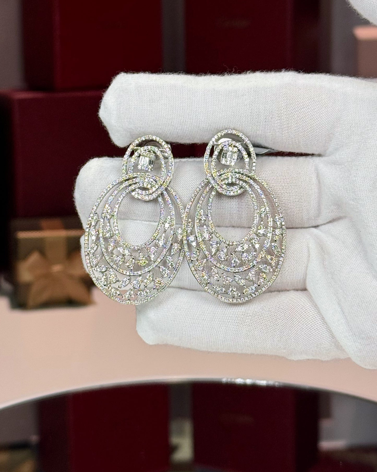 14k White Gold Concentric Oval Diamond Earrings