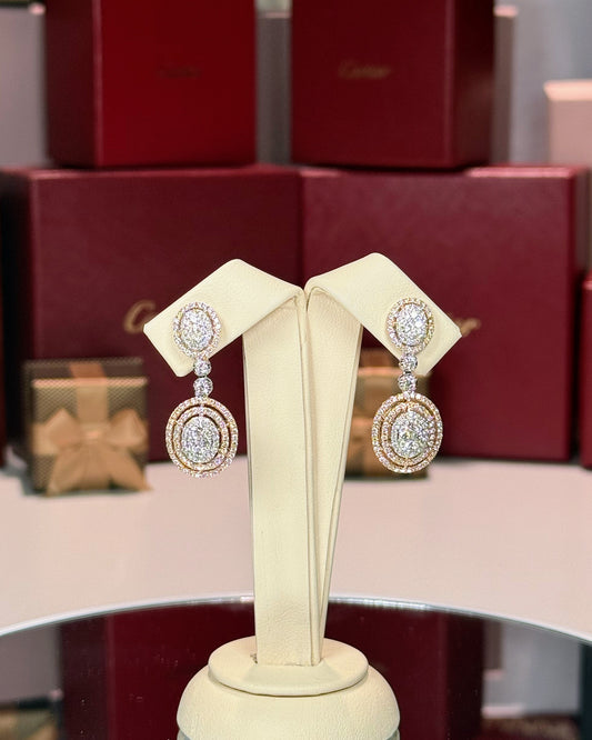 14k 3 color Oval Cluster Diamond Earrings