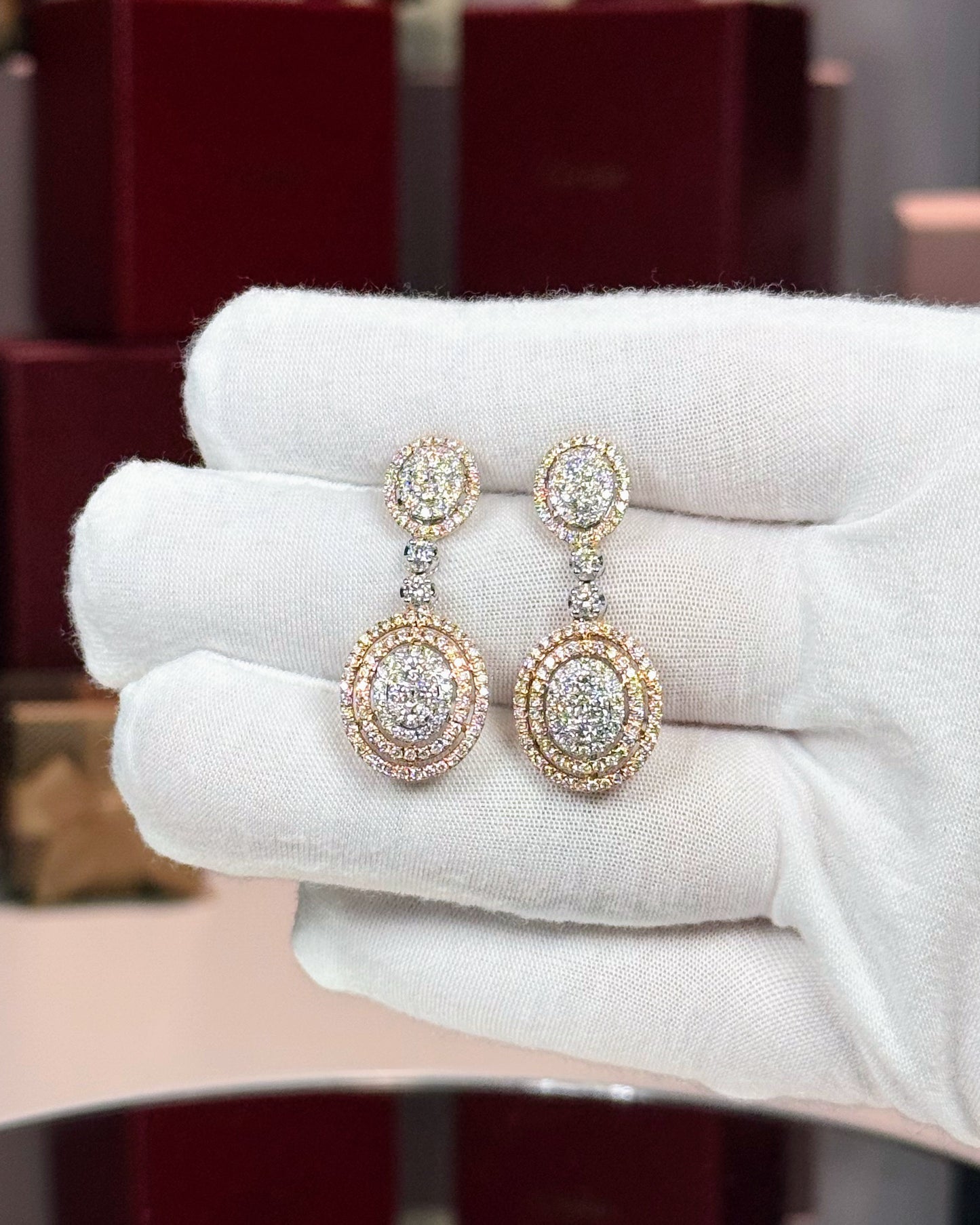 14k 3 color Oval Cluster Diamond Earrings