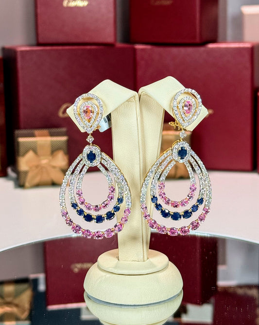14k Yellow Gold Pink and Blue Sapphire Raindrop Diamond Earrings
