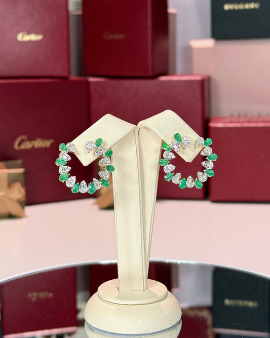14k Yellow Gold Emerald and Diamond Loop Earrings