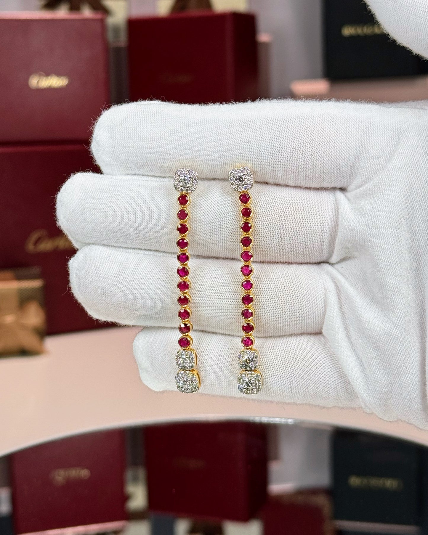 14k Yellow Gold Ruby and Diamond Tennis Earrings