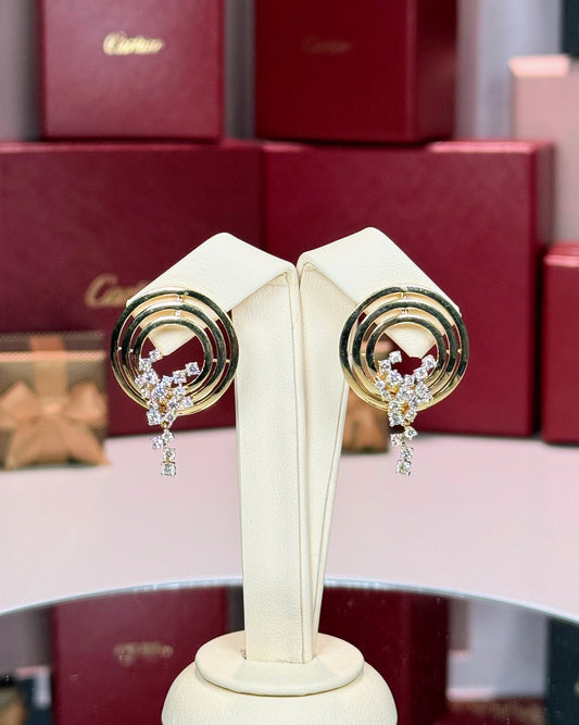 14k Yellow Gold Concentric Rings Diamond Earrings