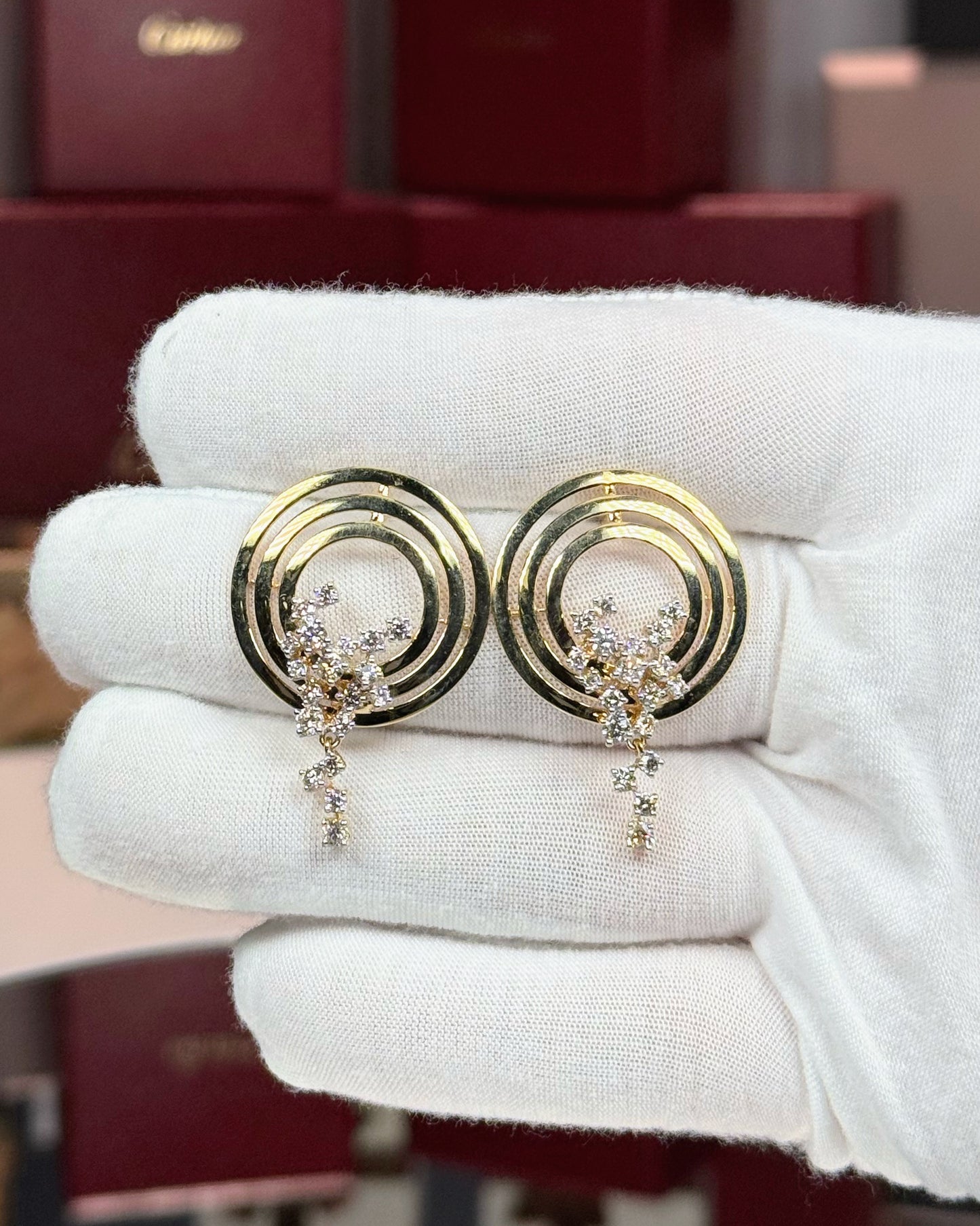 14k Yellow Gold Concentric Rings Diamond Earrings