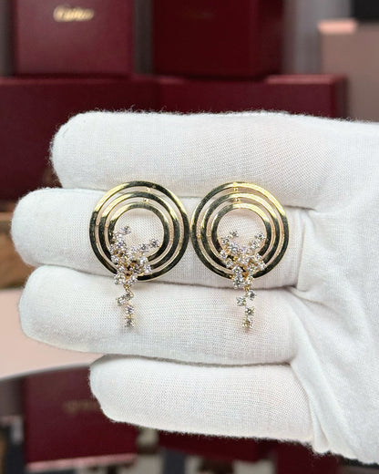 14k Yellow Gold Concentric Rings Diamond Earrings