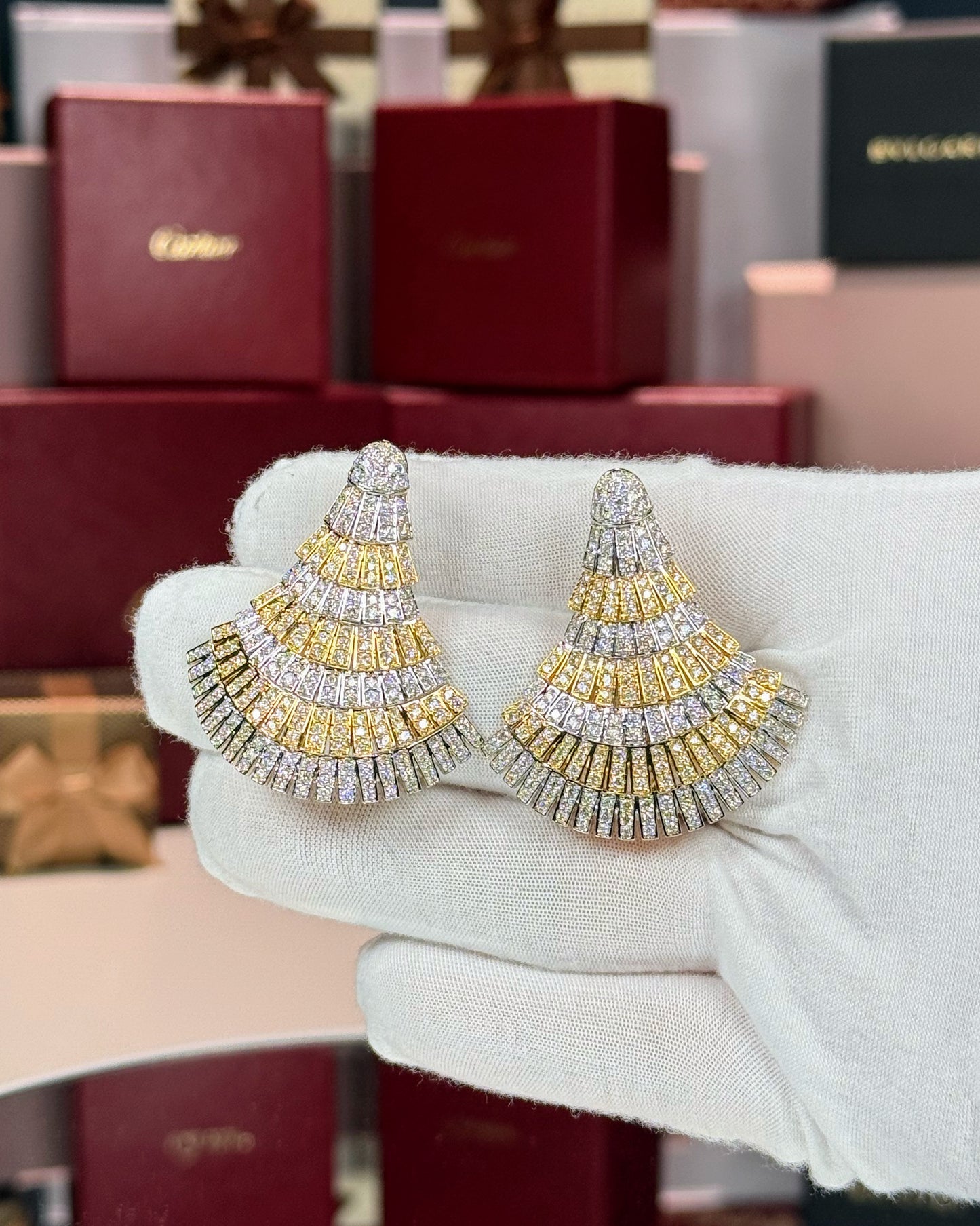 14k Gold Two Tone Fan Diamond Earrings