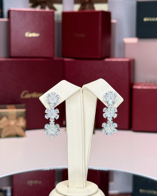 18k White Gold 3 Flower Drop Diamond Earrings