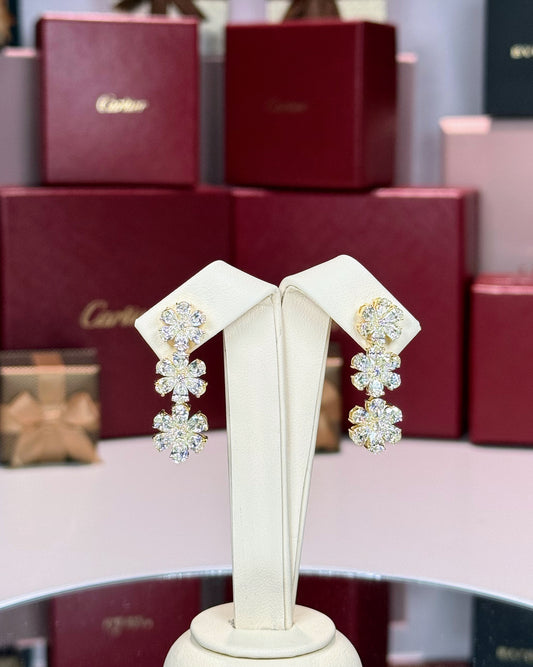 18k Yellow Gold 3 Flower Drop Diamond Earrings