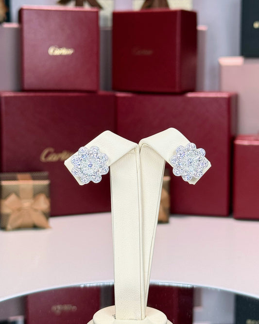 18k White Gold Cluster Diamond Floral Motif Earrings