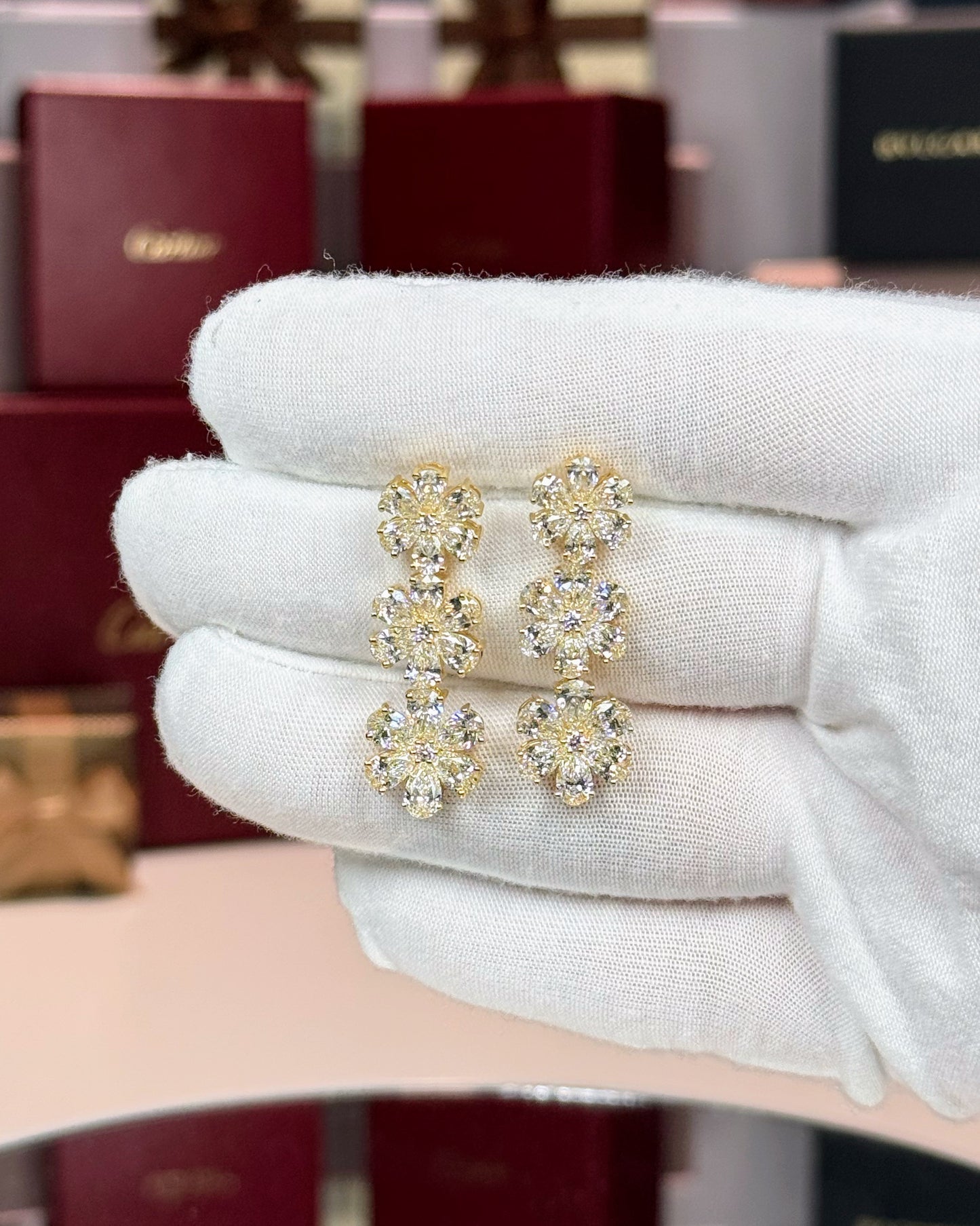 18k Yellow Gold 3 Flower Drop Diamond Earrings